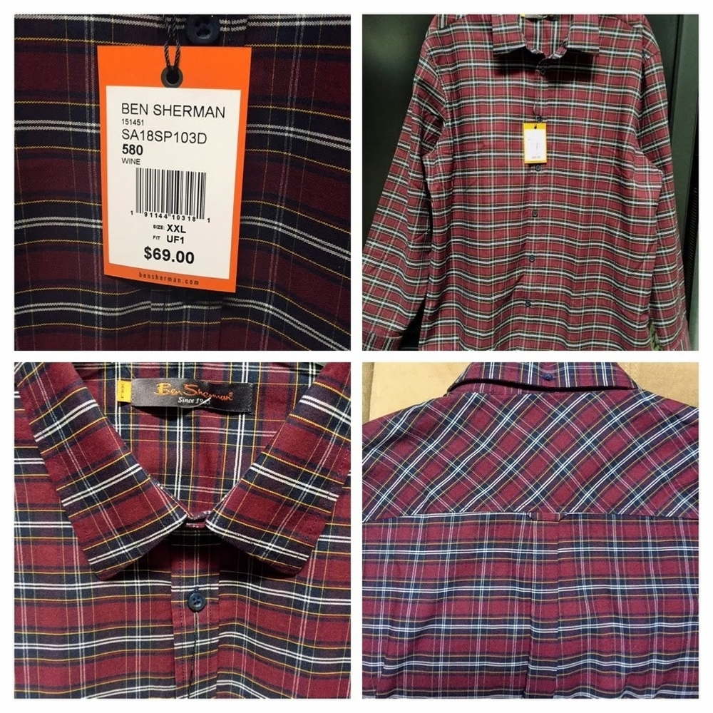 NWT $69 Men's Ben Sherman Wine Button Front LS Shirt - XXL